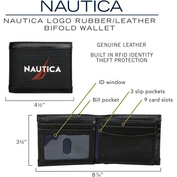 Nautica Men's Bifold Leather Wallet RFID Blocking ID Window Navy Card Slots - Picture 7 of 7